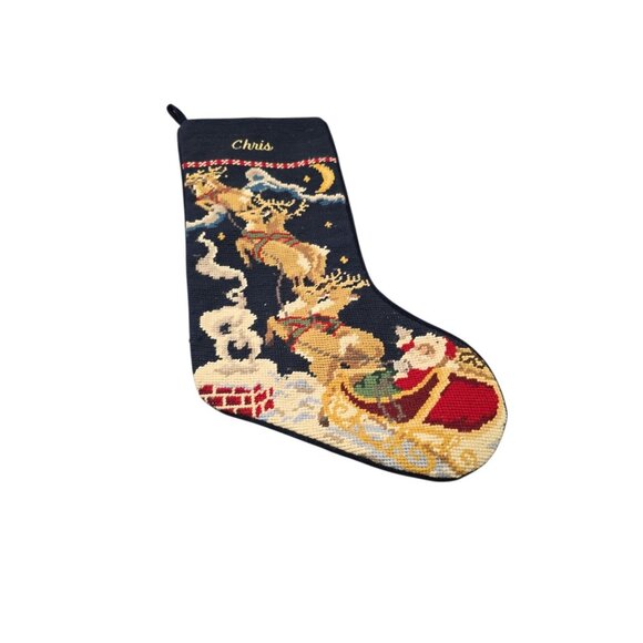 Lands End Santa in Sleigh Needlepoint Christmas Stocking Blue Velvet Back CHRIS - Picture 1 of 6